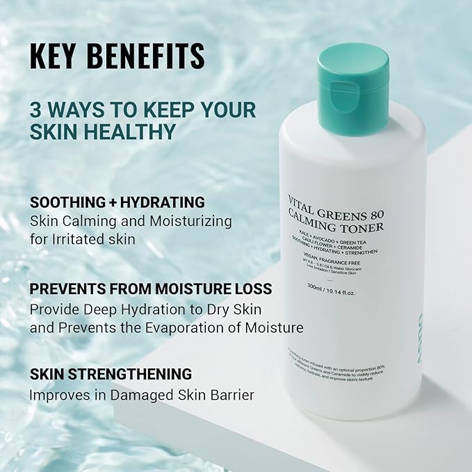 ASNO Vital Greens Calming Toner 300ml - Genderless Vegan Soothing Care for Acne, Pimple, Redness, Sensitive Skin, Superfood 80% + Ceramide, Hydrating Daily Facial Toner, Korean Skin Care