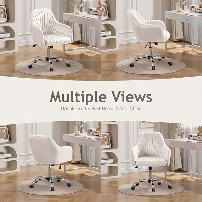 Warmiehomy Velvet Desk Chair for Home Office, Modern Adjustable Swivel Task Chair, Women Vanity Chairs with Arm Rest for Bedroom Dressing Room, Beige