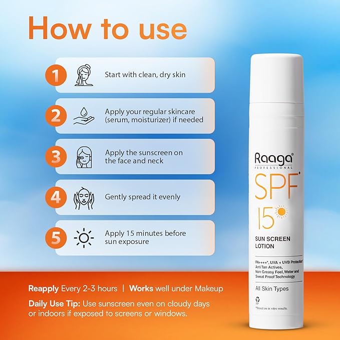Raaga Professional Sunscreen Lotion SPF 15 | Broad Spectrum UVA & UVB Protection | Lightweight, Non-Greasy & Water-Resistant | Keeps Skin Hydrated | For All Skin Types | 1.86 Fl Oz/55ml