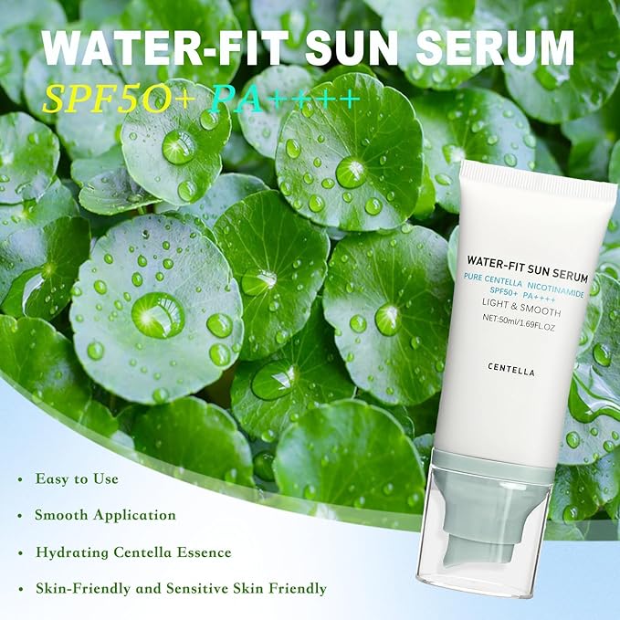 Centella Sunscreen SPF50+ PA++++, Long-Lasting Protection&Water-Fit Sun Serum,Madagascar Centella Sunscreen for All Skin Types and UV Defense, Nourishing Skin, Lightweight, Non-Greasy, No White Cast