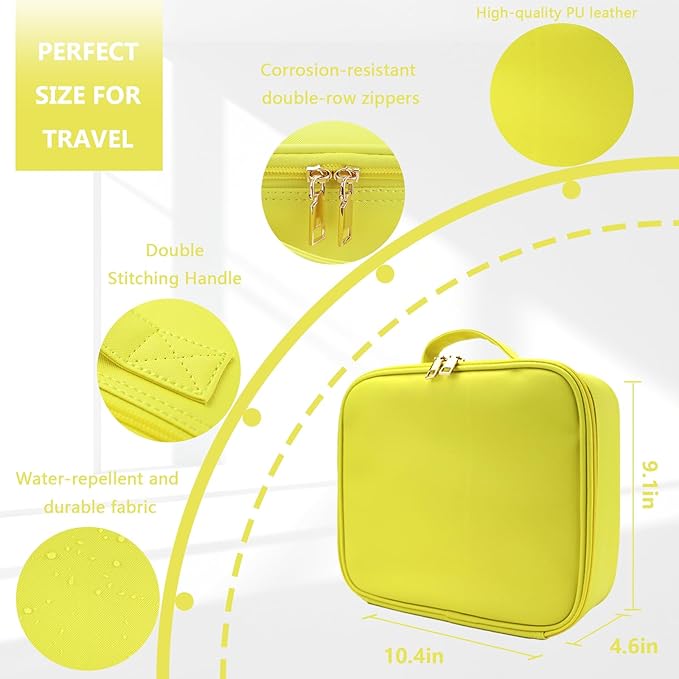 Makeup Bag with Led Mirror,Large Vanity Makeup Cases with 3 Color Setting,Portable Storage and Adjustable Dividers,for Women and Makeup Artists Cosmetic Organizer Travel Makeup Bag-Yellow