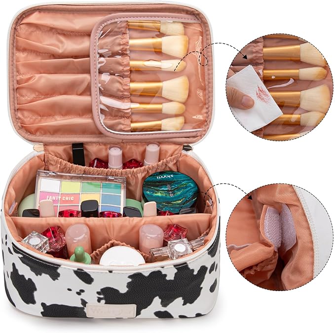 Montana West X Wrangler Travel Makeup Bag 2pcs Set Large Cosmetic Bag with Makeup Brush Holder Portable Make Up Organizer Cute Toiletry Bag with Divider and Handle for Women
