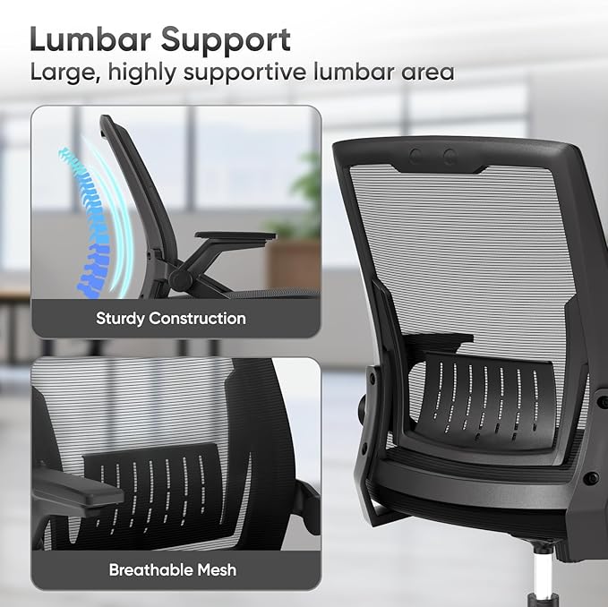 Ergonomic Office Chair, Home Desk Chair with Flip-Up & Adjustable Armrest, 135° Reclining Tilt Lock, Thickness Cushion Mesh Back Office Chairs for Man Woman