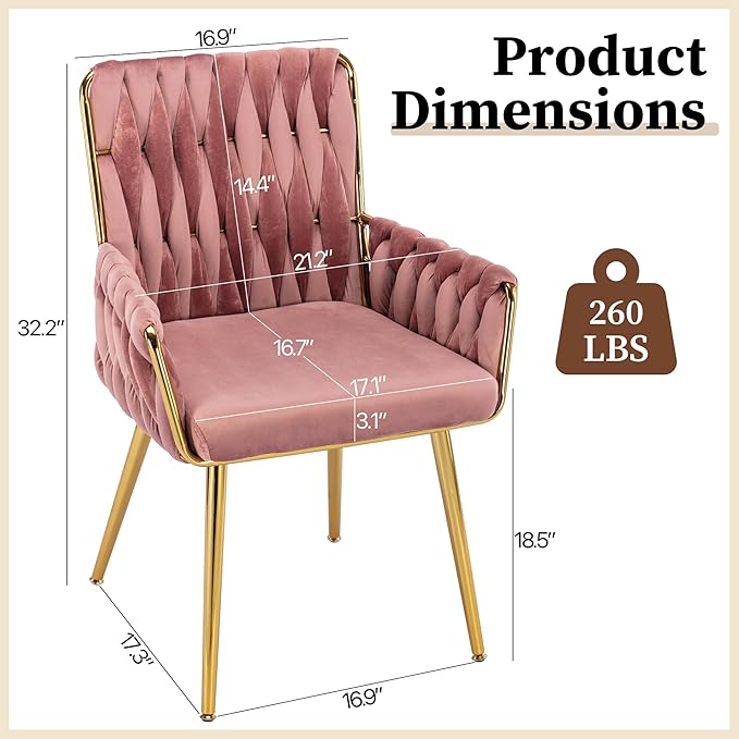 ABET Office Desk Chair No Wheels, Woven Velvet Vanity Chair with Back & Armrest, Comfy Upholstered Cute Gold Metal Legs Makeup Aesthetic Armchair for Girls & Women Bedroom, Nail Spa, Rose Red