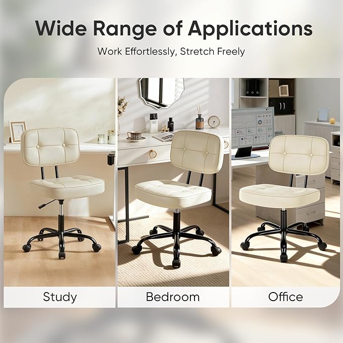 DUMOS Home Office Desk Chair - Ergonomic Armless PU Leather Computer Rolling Task Chair，with Comfy Lumbar Support and Height Adjustable, Vanity, Bedroom, Beige