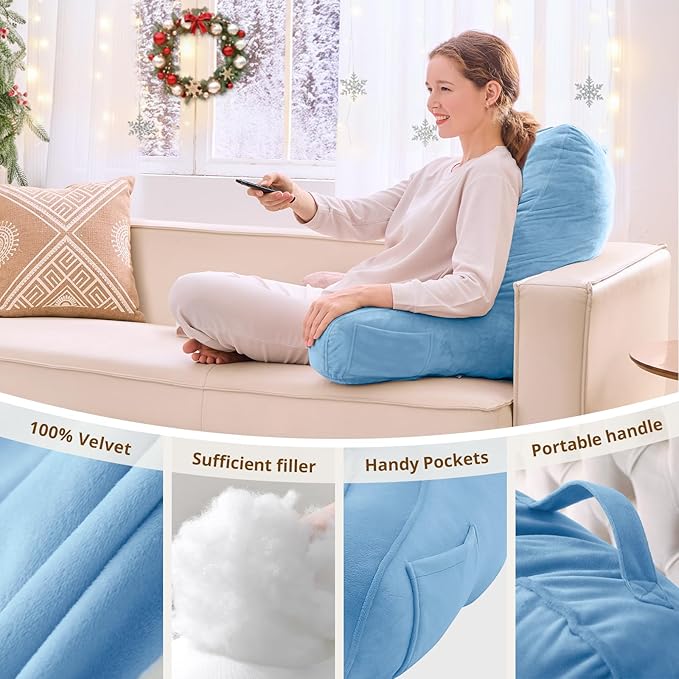 Sasttie Reading Pillow for Bed - 23 Inch, Back Pillow for Bed Sitting Up, Back-Rest Support Cushion with Side Pockets and Arms, Dorm Essentials, Oeko-Tex Certified, Blue