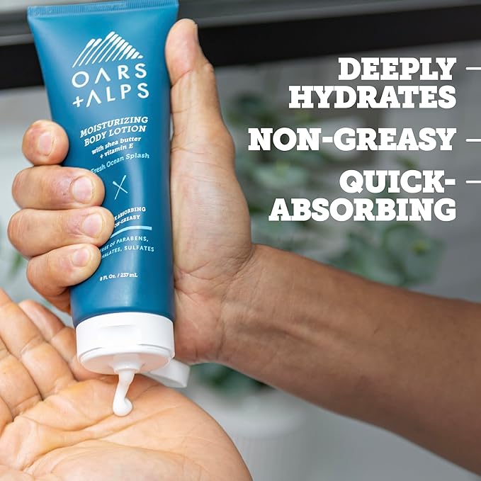 Oars + Alps Body Lotion, Moisturizing Body Lotion with Vitamin E, Shea Butter & Magnesium for All Skin Types, Hydrating, Soothing, Quick Absorbing, Non Greasy, Fresh Ocean Splash, 8oz