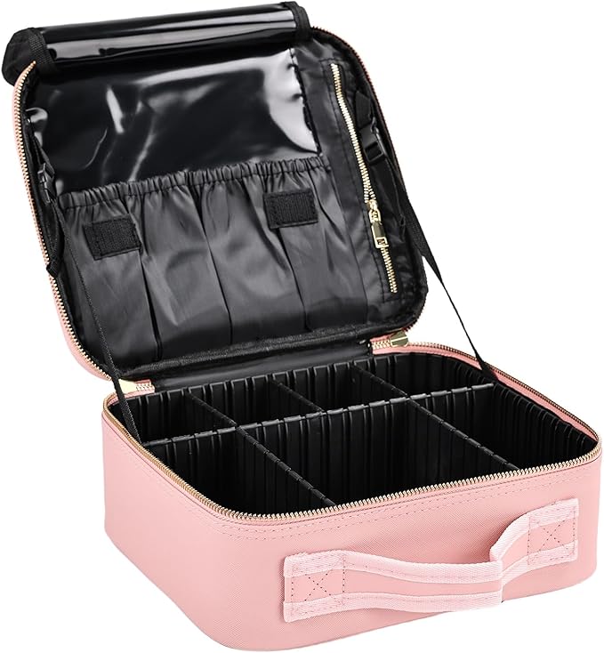Travel Makeup Bag with Brush Holder, Professional Cosmetic Train Case Organizer for Women, Portable Travel Makeup Brush Carry Case Cosmetic Artist Storage Box with Adjustable Dividers, Leather Pink