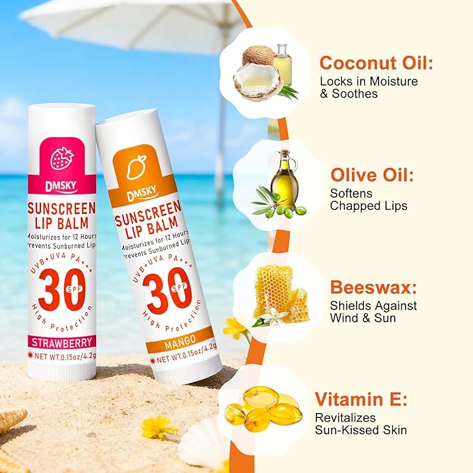 DMSKY SPF 30 Sunscreen Lip Balm 40 Pack, Broad Spectrum UVA/UVB Sun Protection Lip Care with Vitamin E and Beeswax, SPF Lip Balm Travel Size-10 Flavors