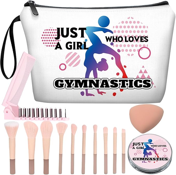 Personalized Gymnastics Makeup Bag set with Mirror for Gymnastics lovers,travel Cosmetic bag kit with10 pieces pink brush set,Birthday Gifts for Women Mom femal Friends