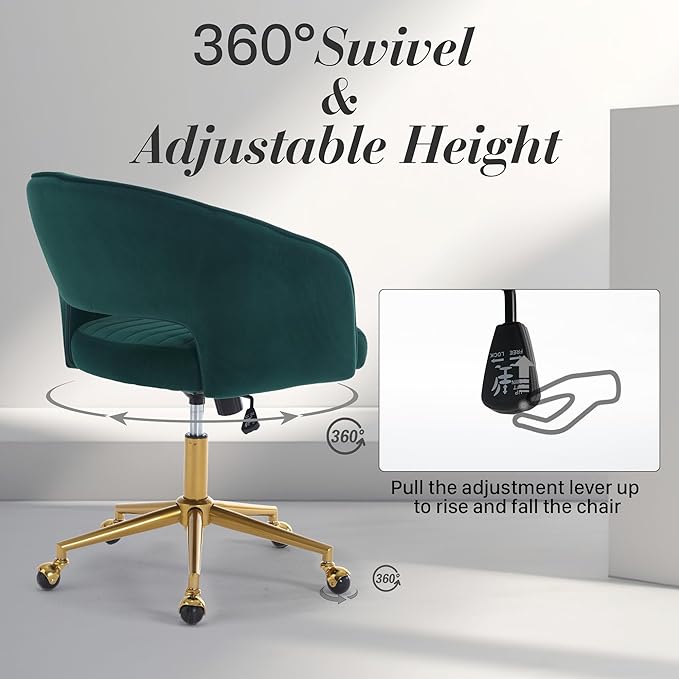 Home Office Swivel Desk Chair, Modern Velvet Vanity Chair, Height Adjustable Armchair with Gold Base, Ergonomic Office Chair for Task Study Computer Room, Dark Green