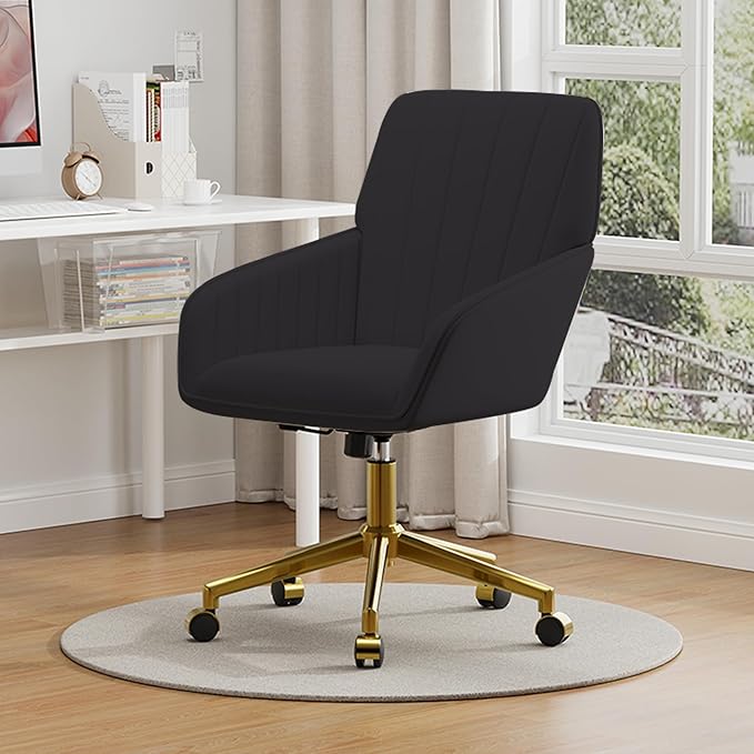 YISHENG Velvet Home Office Chairs with Gold Base, Height Adjustable 360 Degree Swivel Desk Chair with Wheels, Upholstered Tufted Modern Vanity Chairs for Living Room, Bedroom,Study Room (Black)