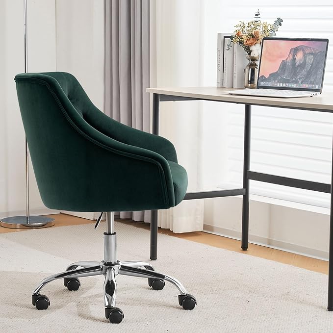 MOJAY Velvet Office Swivel Chair, Vanity Fabric Desk Pretty Fancy Gold Office Chairs for Girls, 360°Swivel Height Adjustable Reception Chair (DarkGreen)