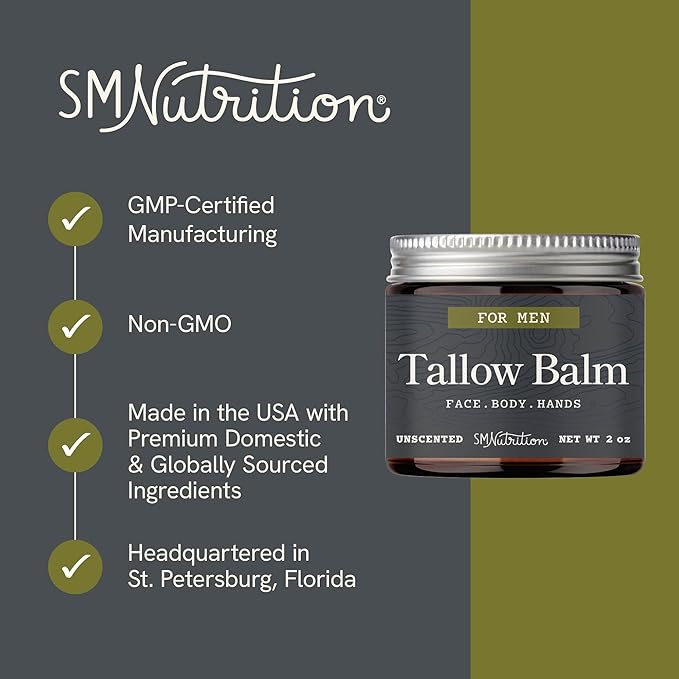 Beef Tallow Balm for Men | Face & Body | Men’s Beef Tallow for Skin Health & Barrier Support | Unscented | Moisturizing Face, Body & Hands Balm with Organic Beeswax | Grass-Fed & Cruelty-Free | 2 oz