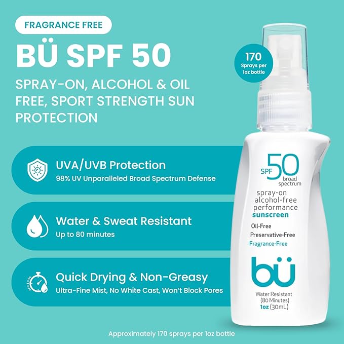 BU SPF 50 Sunscreen Spray for Face and Body, 2-Pack with 3.3 oz Fragrance Free and 1 oz White Sage, Clear, Non Greasy, Water Resistant