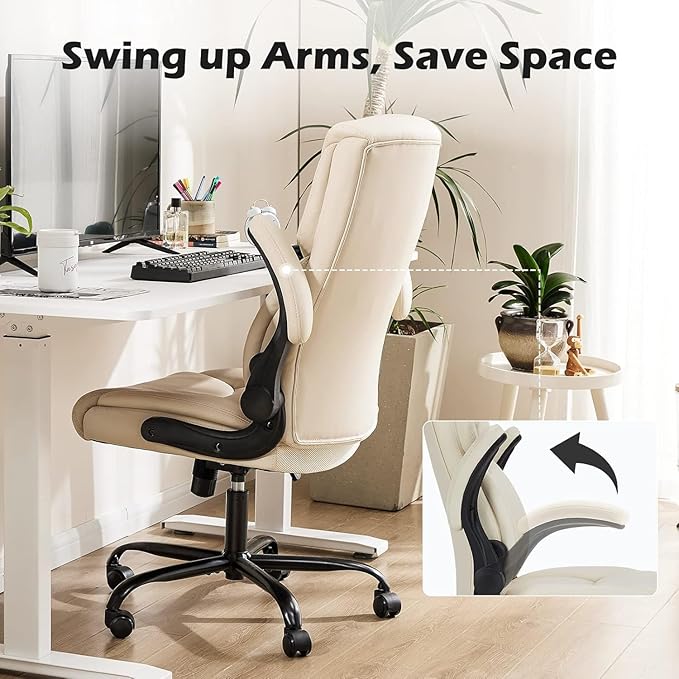 DUMOS Office Chair Set of 2 - Ergonomic Executive Computer Desk Chairs with Adjustable Flip-up Armrest, Swivel Task Chair with Lumbar Support, Strong Metal Base, PU Leather, Cream White
