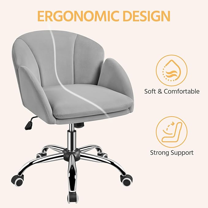 Yaheetech Cute Velvet Desk Chair for Home Office, Makeup Vanity Chair with Armrests for Bedroom Modern Swivel Rolling Chair for Women Light Gray