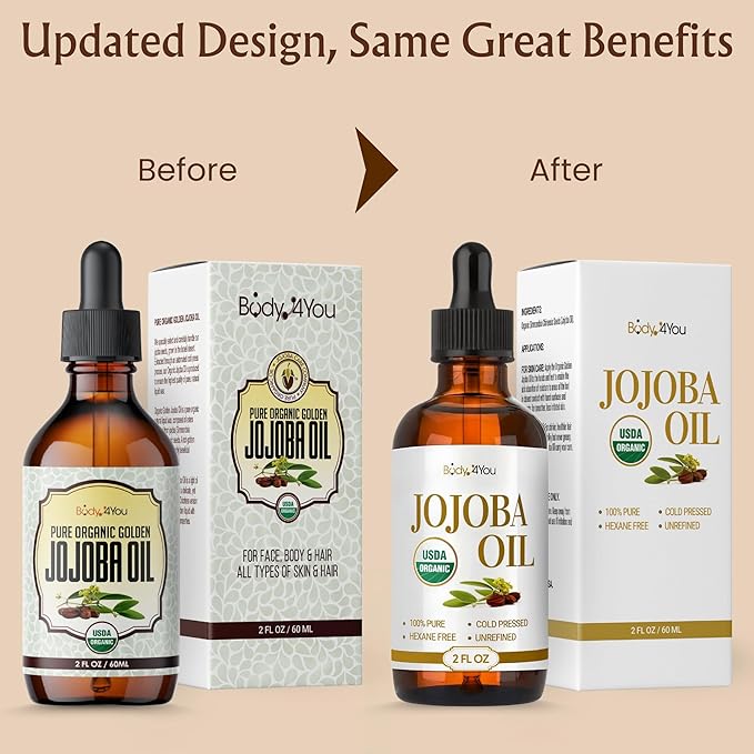 BodyJ4You Jojoba Oil for Face Skin - USDA Organic 100% Pure Cold Pressed - Facial Dermaplane Gua Sha Hair Growth Body Massage Nails Oil - Unrefined Carrier Hexane Free Natural - Base Carrier Wax