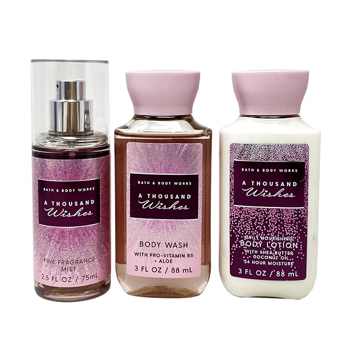 Bath & Body Works A Thousand Wishes Mini Gift Box Trio - Fragrance Mist - Body Lotion and Body Wash - with a Himalayan Salts Springs Sample Soap - Travel Size
