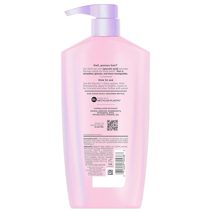 L'Oreal Paris Elvive Glycolic + Gloss Shine Boosting Conditioner, Cleanses and Smooths Dull, Porous Hair Into High-Shine, Glossy Hair, 28 Fl Oz