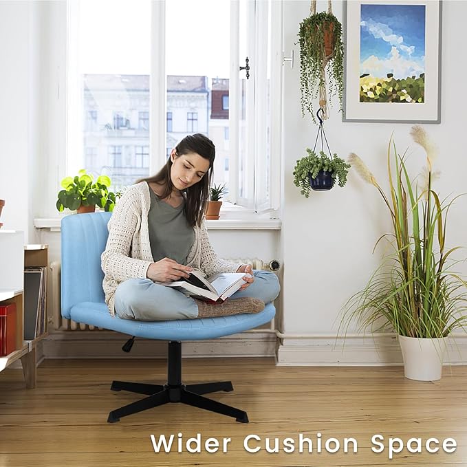 PUKAMI Criss Cross Chair,Comfy Cross Legged Office Desk Chair No Wheels,Modern Fabric Swivel Adjustable Height Mid Back Wide Seat for Home Office Computer (Blue)