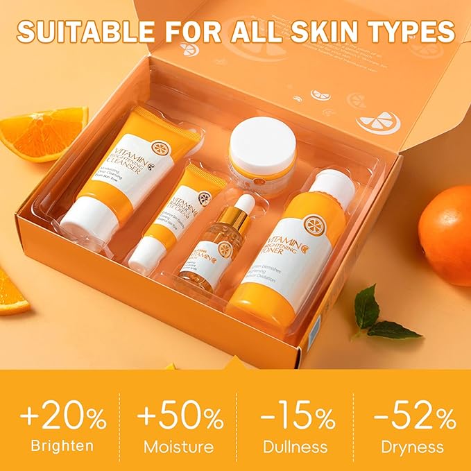 5PCS Vitamin C Skin Care Set for Teenage Girls Face Hydrating Skincare Gift Set for Women Travel Size Skin Care Kit with Cleanser, Toner, Face Serum, Eye Cream, Face Cream