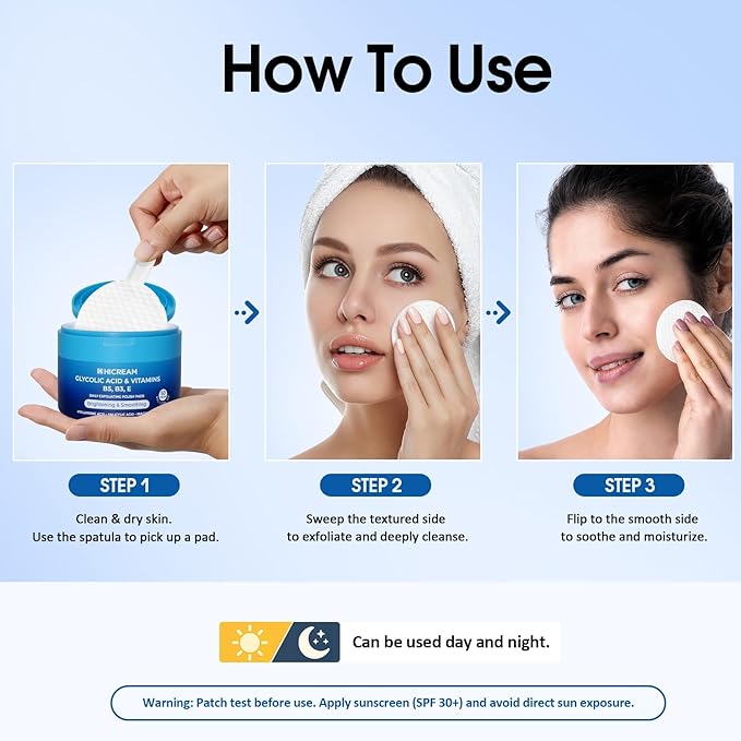 Glycolic Acid Exfoliating Pads, Dual-Textured Facial Toner for Pore Care & Skin Radiance, Deep Cleansing Peel with Niacinamide, Salicylic Acid & Vitamins E, B3, B5 (50 Pads)