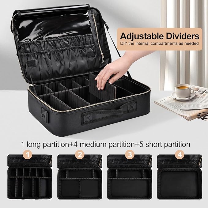 Large Travel Makeup Case, Professional Makeup Train Case Organizer, Portable Cosmetic Brush Bag Holder Waterproof Makeup Artist Storage Box with Adjustable Dividers and Shoulder Strap, Leather Black