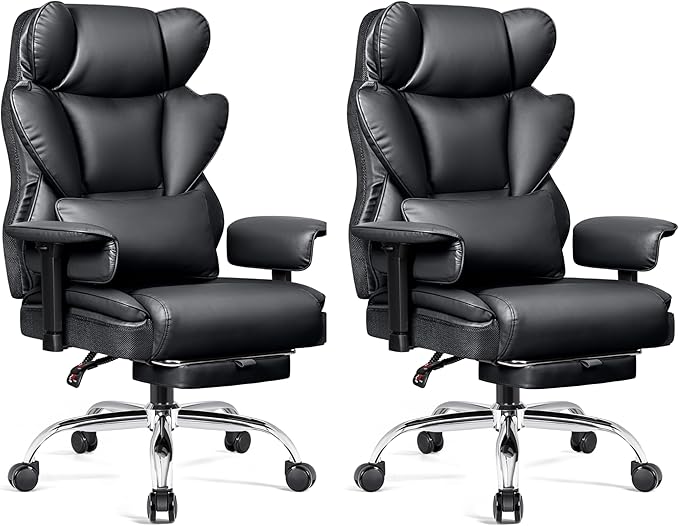 Big and Tall Office Chair - Heavy Duty 400 LBS Executive Chair with Foot Rest, High Back Ergonomic Desk Chair, Padded Wide Seat Gaming Chair, Adjustable Armrests, Black 2 Pack