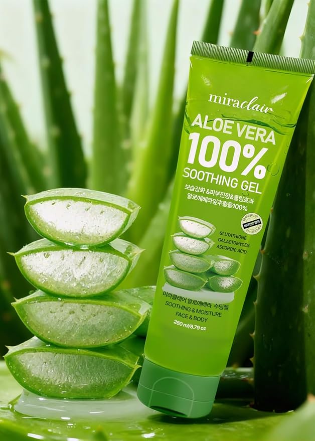 MIRACLAlR Aloe Vera Gel | 100% Pure Aloe Gel for Face, Body & Sunburn Relief, Aloe Vera for Burns - Durable Moisturizing Hydrating Soothing, Squeeze-on Mask, Made in Korea, Travel Size, 8.79 oz