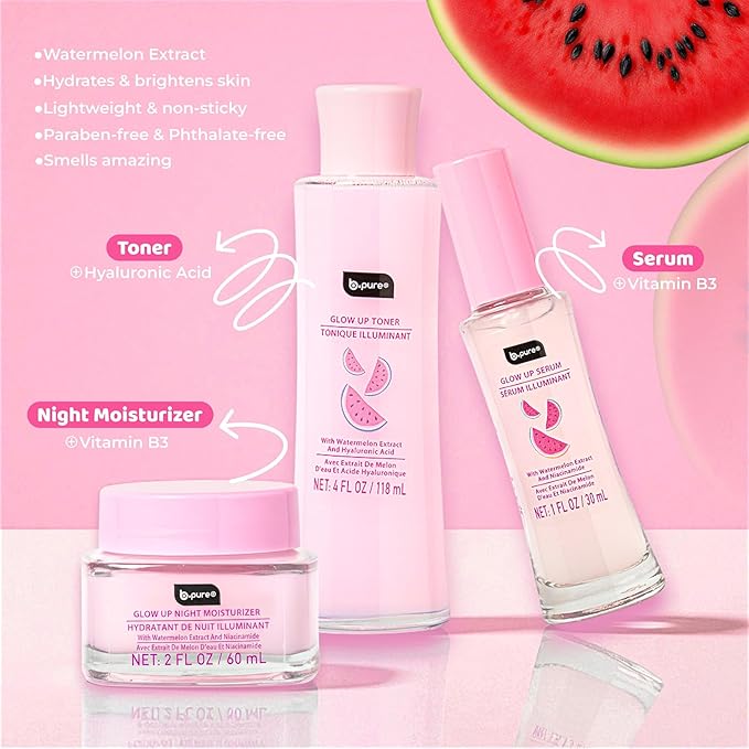 b.pure Glow Up Renewing Skin Care Gift Set - 1 Toner, 2 Renewing Serums, 1 Moisturizer - Hyaluronic Acid, Niacinamide, and Watermelon Extract Kit