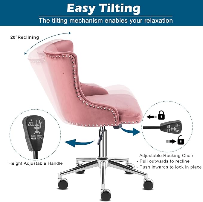 VINGLI Velvet Office Chair - Modern Upholstered Desk Chair with Adjustable Height, Tilting Mechanism, and Rolling Wheels - Pink