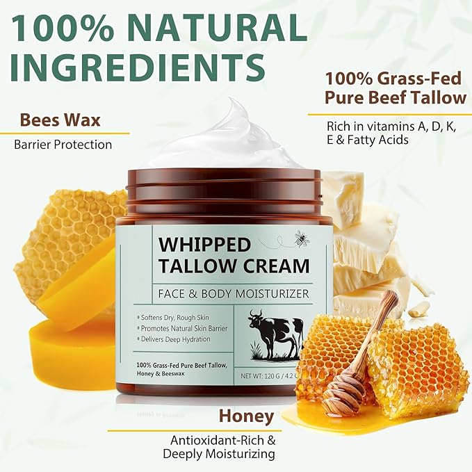 Beef Tallow for Skin, 2PCS Tallow and Honey Balm, Beef Tallow for Face, Organic Grass Fed Whipped Beef Tallow with Honey Beeswax, Deeply Moisturizing for Face Body, Unscented Fast Absorption, 4.2 Oz