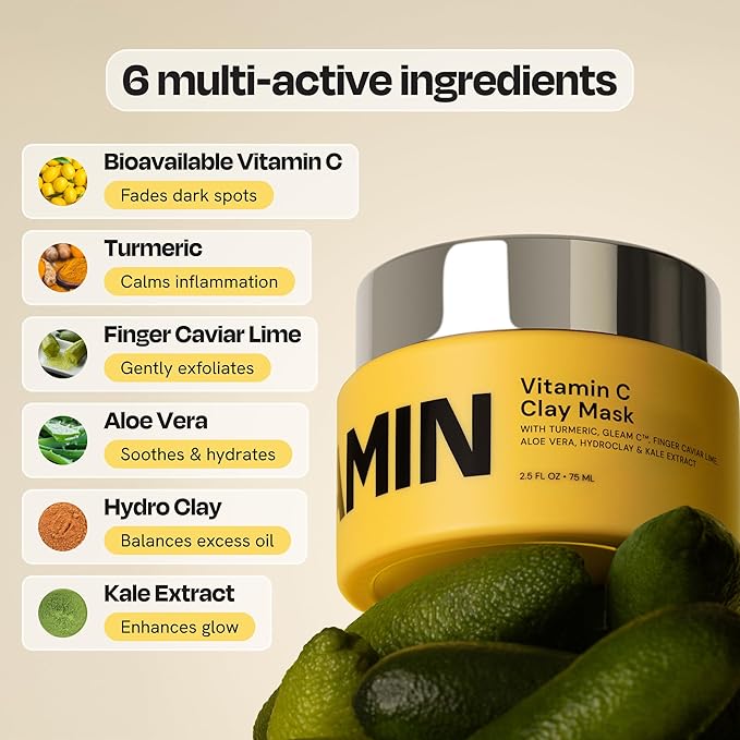 Gleamin Vitamin C Clay Mask for Dark Spots - Brightening Clay Face Mask with Turmeric, Deep Cleansing & Pore Refining Treatment, Helps Improve Uneven Tone & Post-Blemish Texture, 5 oz Up to 40 Uses