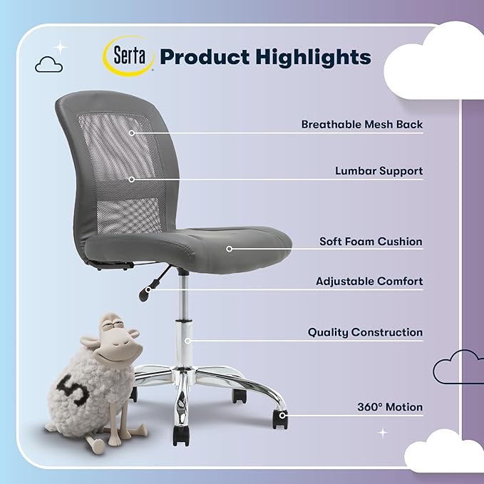 Serta Essential Armless TaskChair, Small Desk Chairs with Wheels, Breathable Mesh Back and Faux Leather, Quality Foam Cushion Seat for Comfort, Minimal Design for Vanity Table, Gray
