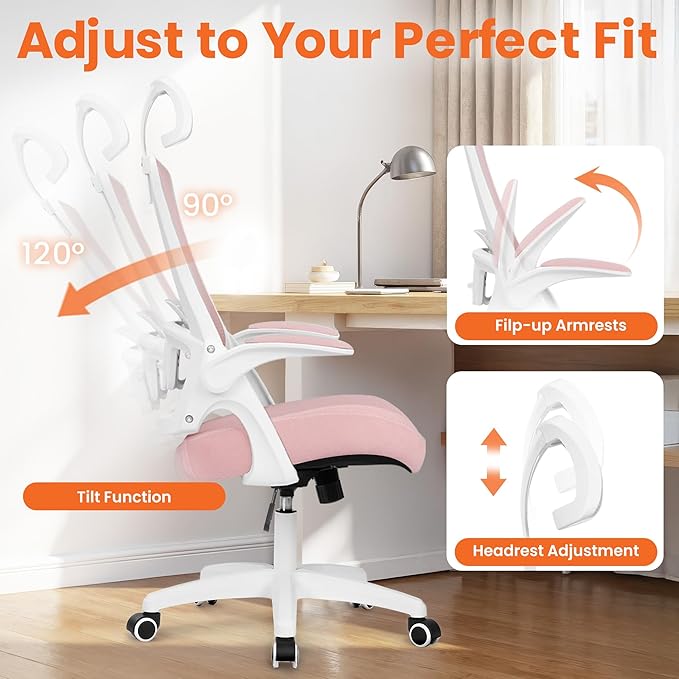 NEO Chair Office Desk Chair Computer High Back Mesh Gaming Seat with Ergonomic Adjustable Comfy Flip-up Armrests Lumbar Support Height for Home (Headrest Pink)