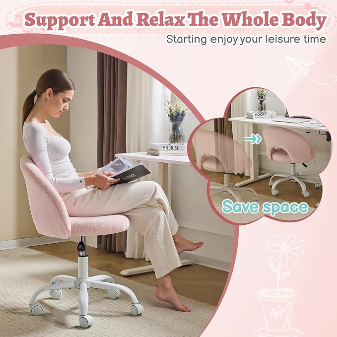 VINGLI Small Vanity Chair with Faux Fur Wheels for Girls,Cute Adjustable Height Armless Office Desk Chair,360°Swivel Comfy Rolling for Study,Make up Room,Small Space,Light Pink