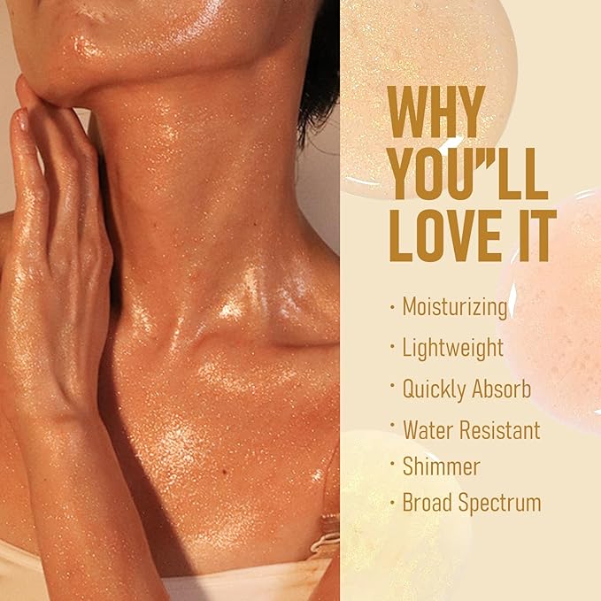 Sunscreen Body Glow Oil, Broad Spectrum SPF 45, Lightweight Waterproof Moisturizing Coconut Shimmer Oil with Gold Mica, Travel Size Summer Sunscreen Skin Illuminator-AMBER, 3.38 fl oz