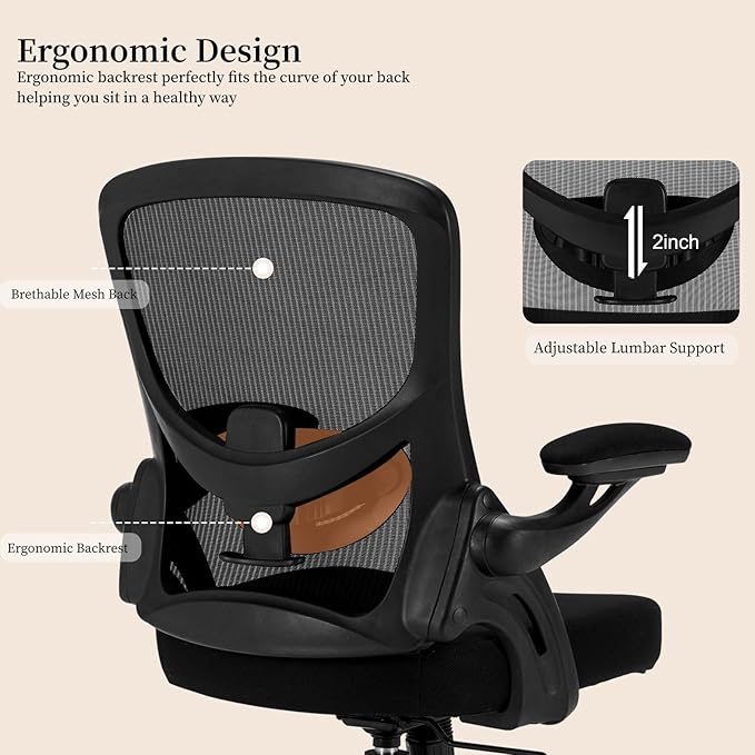 Ergonomic Office Chair Comfy, Mesh Desk Chair with Flip up Armrests, Swivel Computer Desk Chair with Adjustable Lumbar Support and Height for Home Office, 300 lbs Capacity