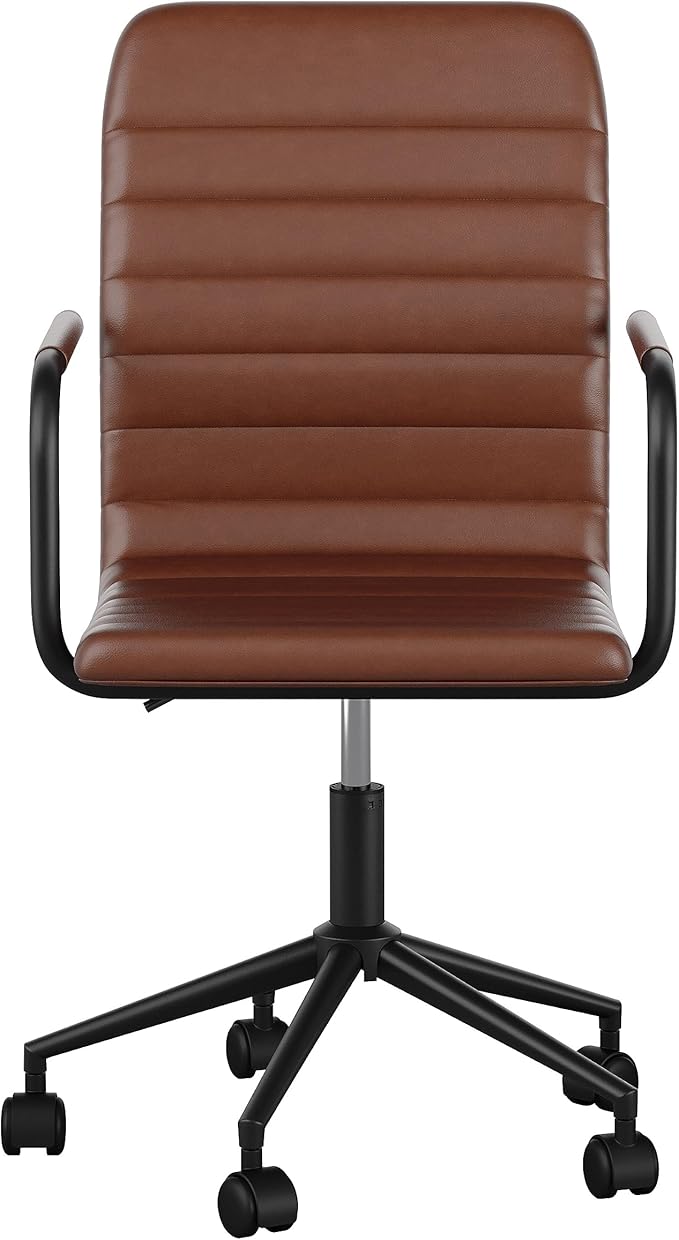 Martha Stewart Taytum Swivel Task Chair with Armrests for Home Office in Saddle Brown Faux Leather with Oil Rubbed Bronze Frame