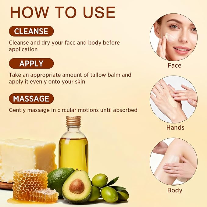 Tallow and Honey Balm for Face, Beef Tallow for Skin, Grass-Fed Beef Tallow & Raw Wild Honey, Body & Face Moisturizer