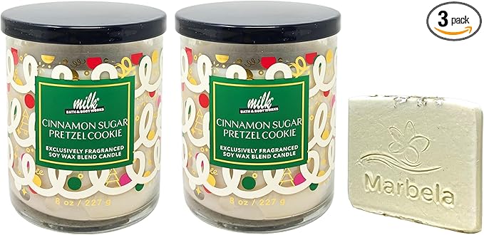 Bath & Body Works Cinnamon Sugar Pretzel Cookie 2 Single Wick Candles Bundle with Natural Oats Soap Sample