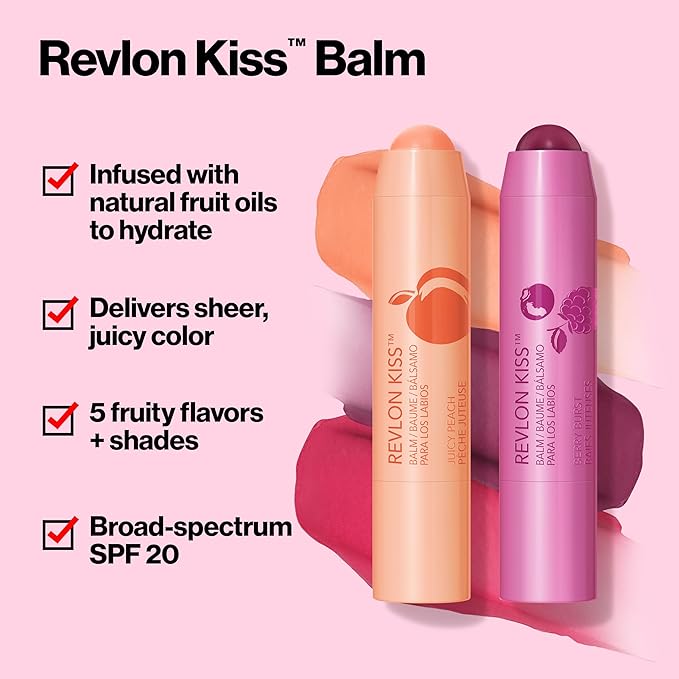Revlon Lip Balm, Kiss Tinted Lip Balm, Face Makeup with Lasting Hydration, SPF 20, Infused with Natural Fruit Oils, 030 Sweet Cherry, 0.09 Oz (Pack of 2)