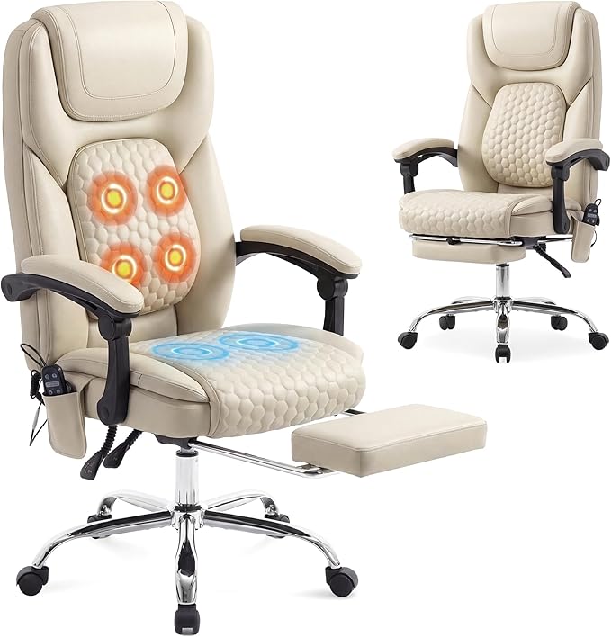 Massage Office Chair with 3-Level Heat and Footrest – 20-Min Easy Assembly, 300 lbs Big and Tall Reclining Desk Chair, PU Leather Ergonomic Executive Computer Chair with Side Pocket, Beige