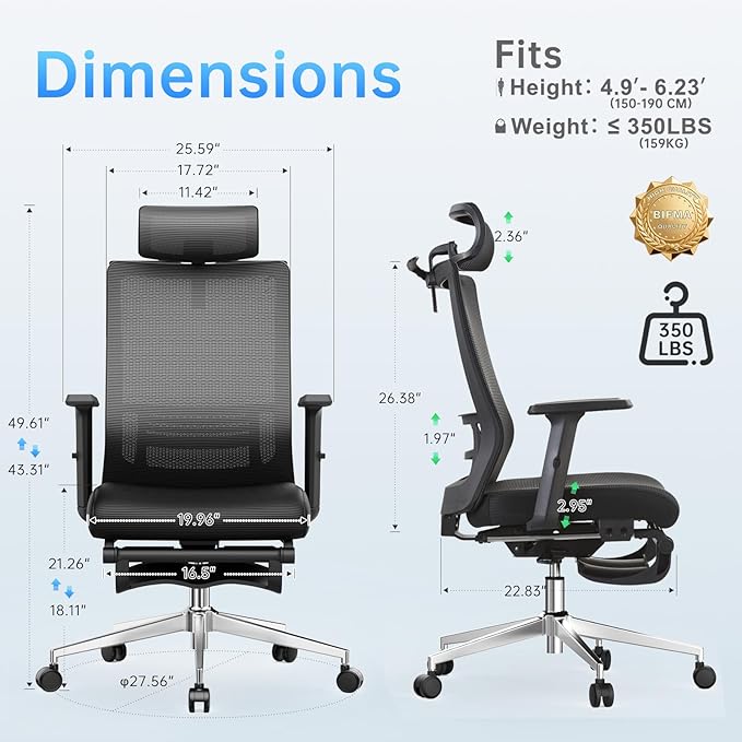 Ergonomic Office Chair with Footrest, 145° Reclining, Adjustable Lumbar & Headrest, 3D Armrests, Silent Casters, Heavy Duty Steel Base, 350 LB Capacity, Swivel Desk Chair for Home Office