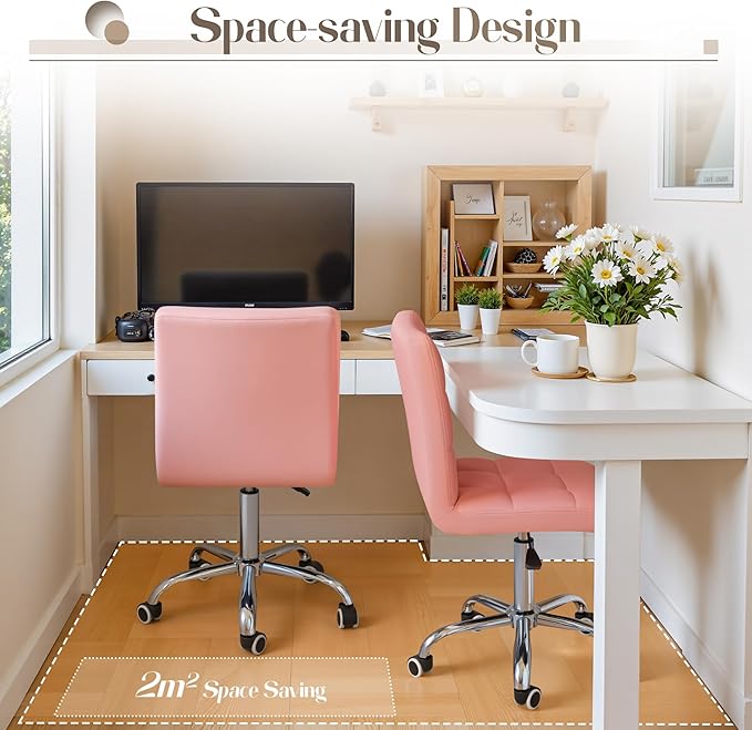 Furmax Vanity Office Chair with Wheels,Makeup PU Leather Executive Chair Modern Adjustable Home Desk Retro Comfortable Work Chair 360 Degree Swivel with Arms (Pink)