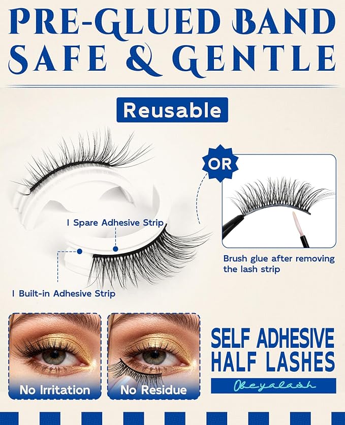 Obeyalash Waterproof Self Adhesive Eyelashes,Half Eyelashes 6-14mm, 5 Pairs Natural Look Stick on False Eyelashes, No Glue Needed, Wispy Glueless Lashes Reusable and Comfortable (M874)