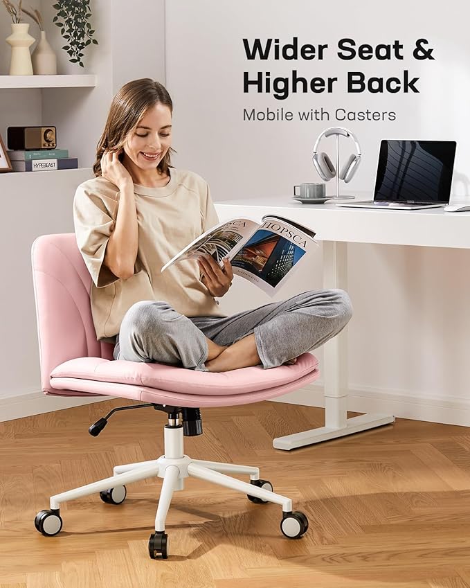 Marsail Armless-Office Desk Chair with Wheels: PU Leather Cross Legged Wide Chair,Comfortable Adjustable Swivel Computer Task Chairs for Home,Office,Make Up,Small Space,Bed Room, Pink