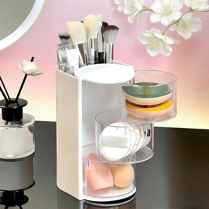 3-Layer Rotating Makeup & Jewelry Organizer with Hair Brush Holder, Vanity Organizer for Earrings, Necklaces, Rings, Bracelets, Hair Clips and Makeup Brushes (White)