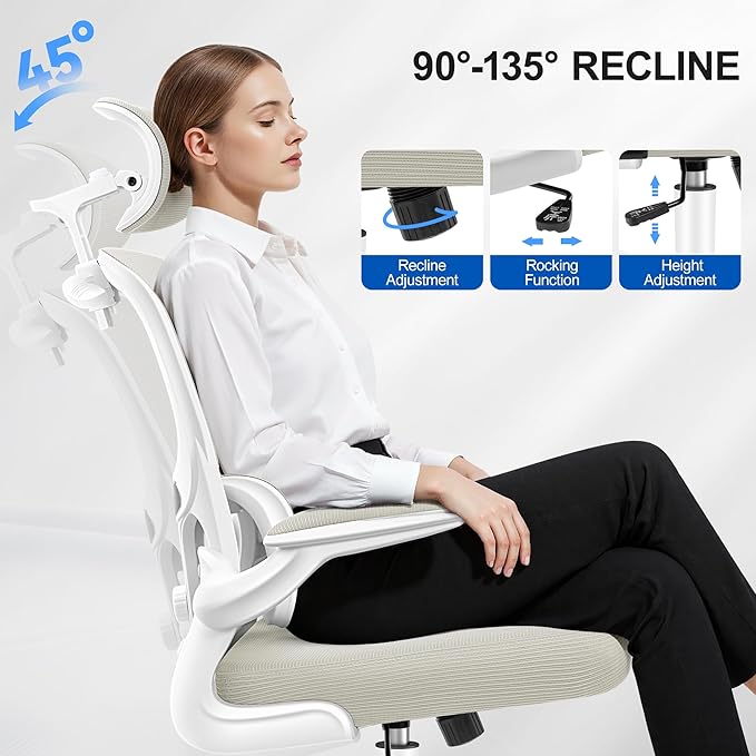 Ergonomic Office Chair, Mesh Desk Chair with Lumbar Support, High Back Home Office Chair with Adjustable Headrest and Flip-Up Arms, Comfortable Computer Chair, Thick Cushion, 300 LBS, White